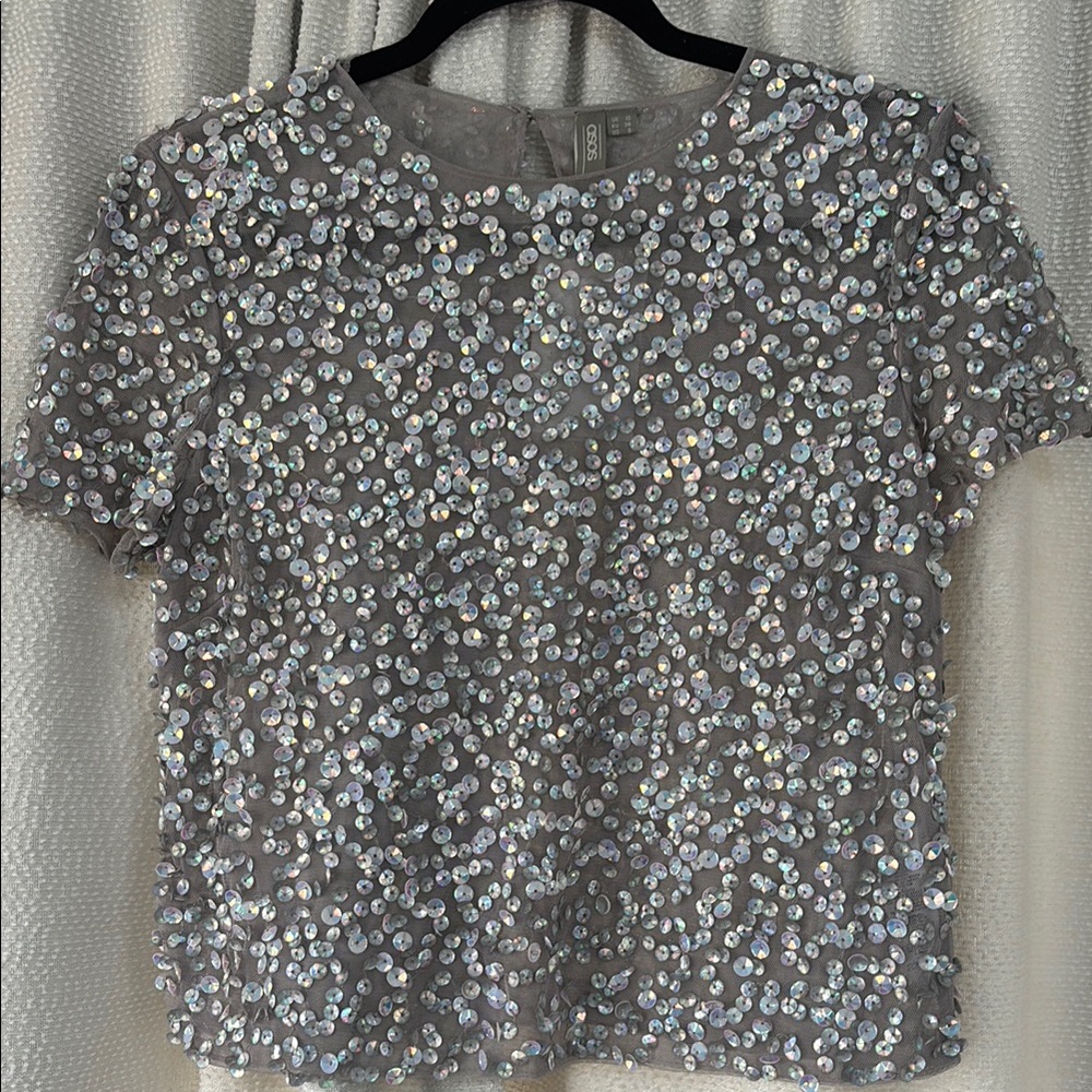 ASOS Semi sheer Sequin Embellished Gray Top